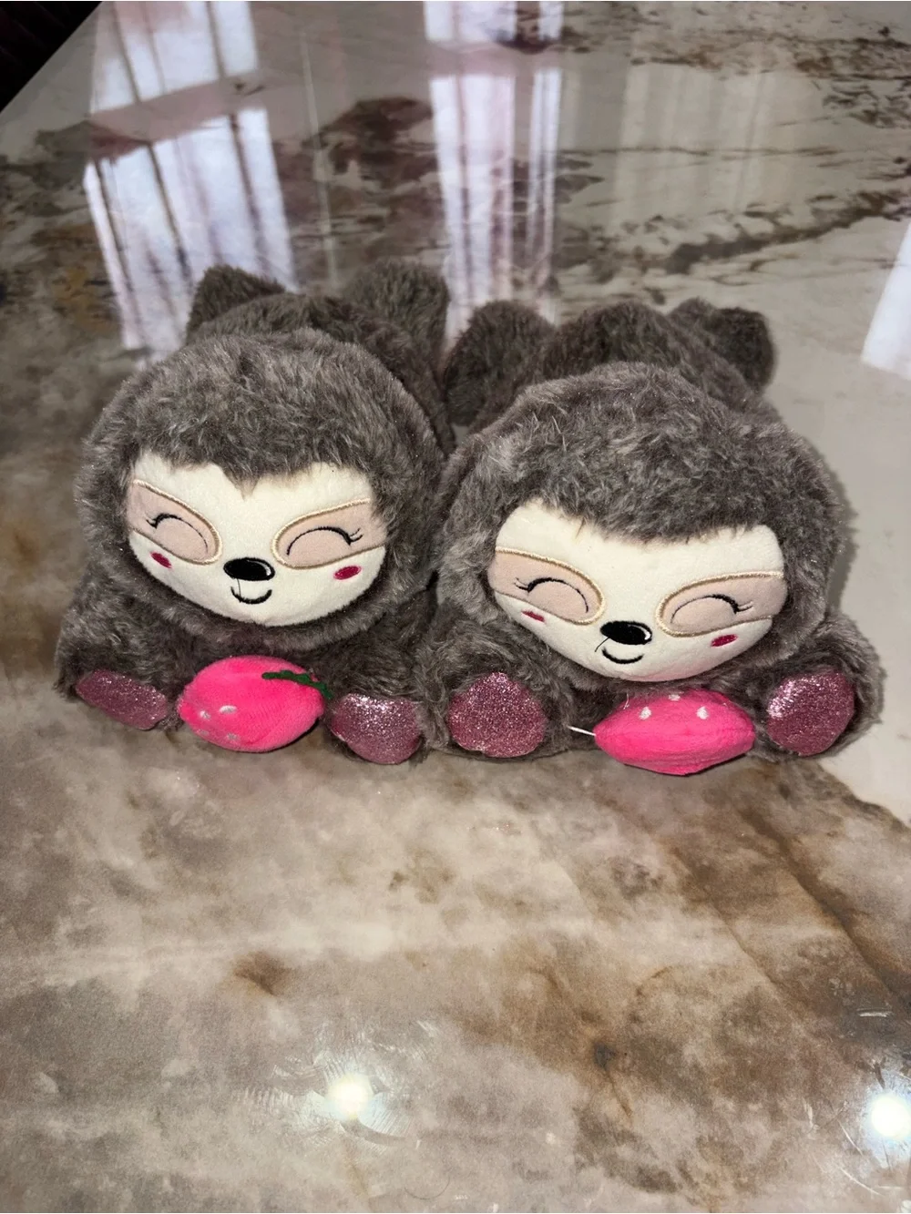 Plush Sloth Slippers with Pink Strawberry Accent